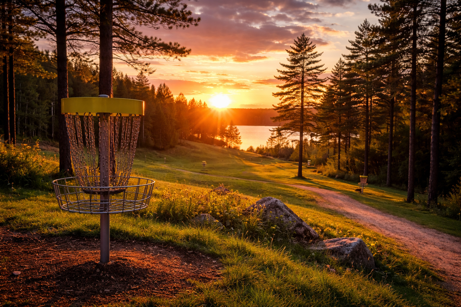 disc golf at sunset by the lake