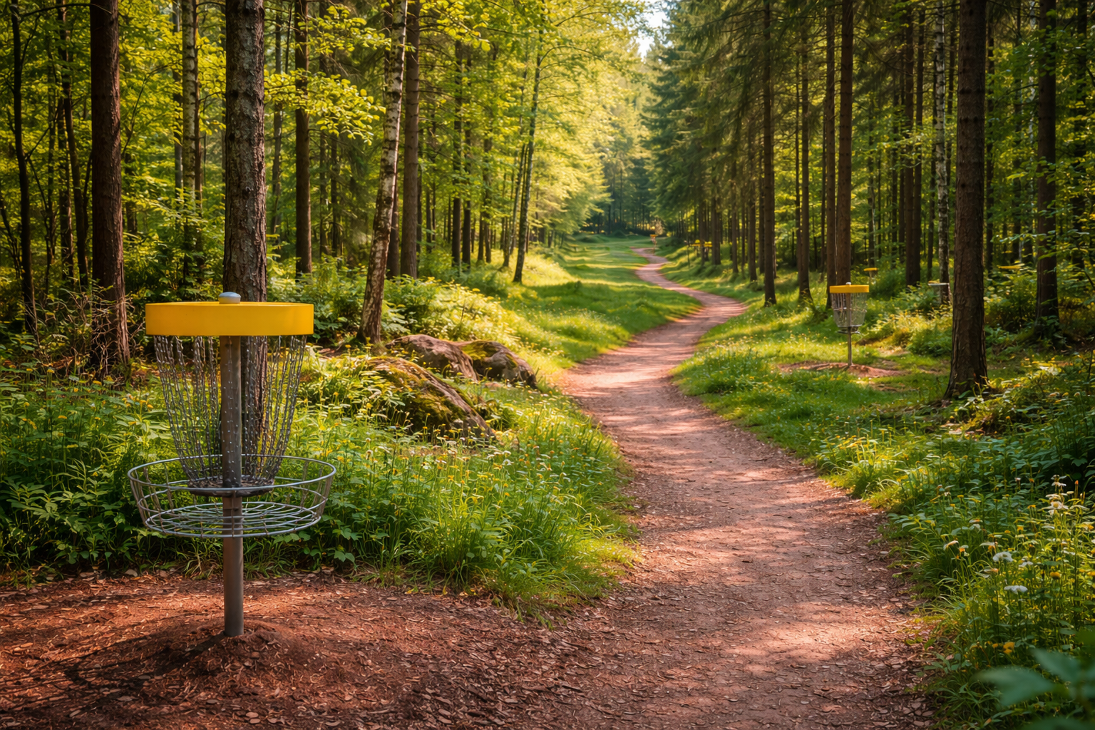 disc golf course in forest sunlight