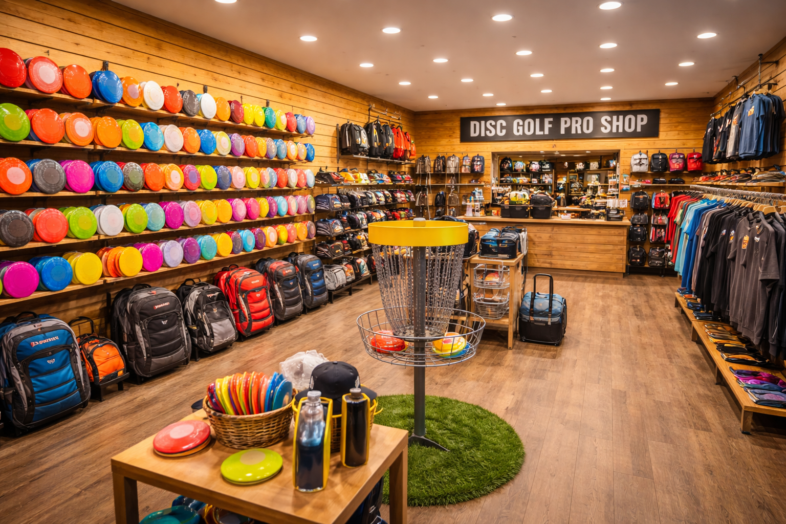 vibrant disc golf pro shop interior